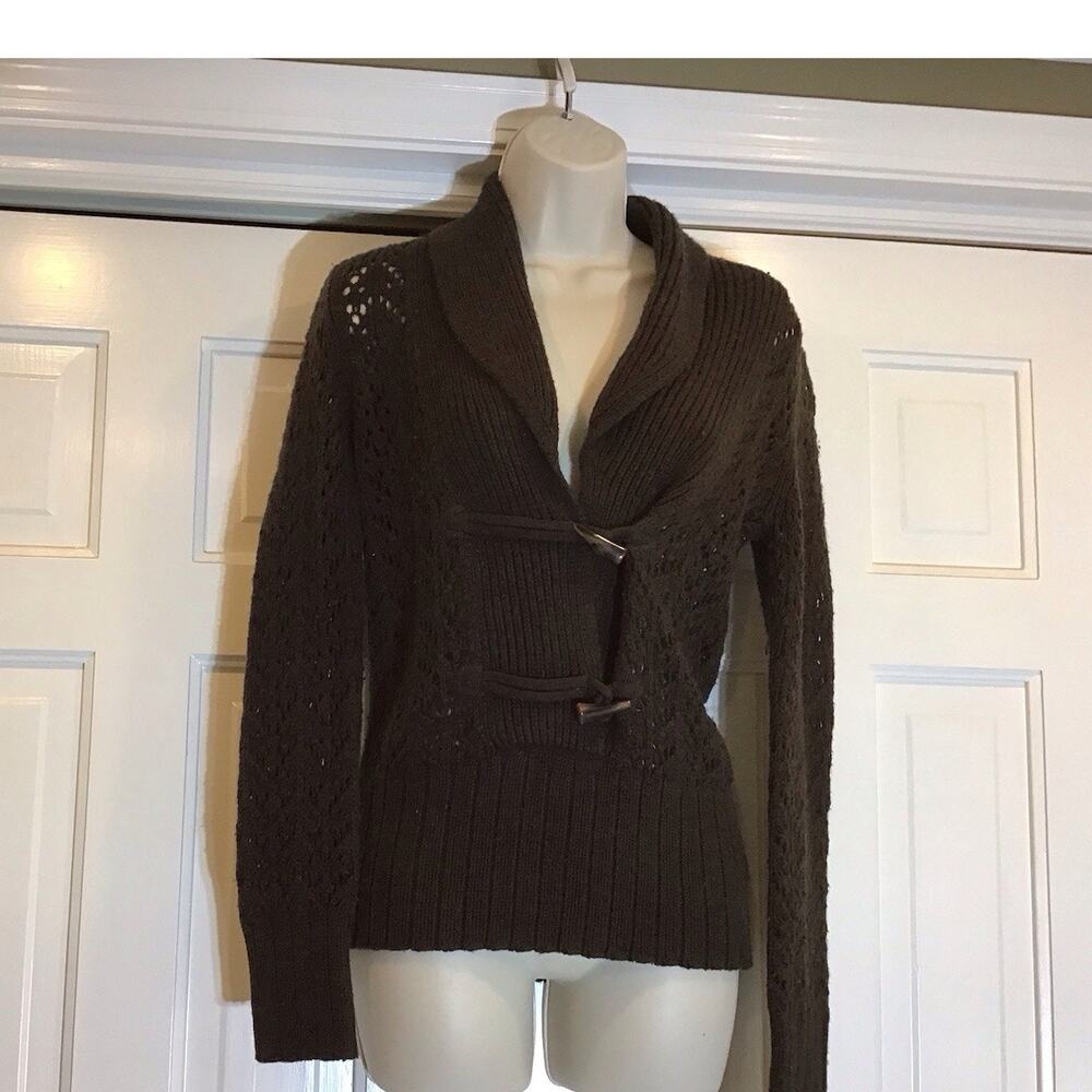 Vtg Y2K Old Navy Brown Open Knit Sweater Women S Toggle Shawl Academia Coastal